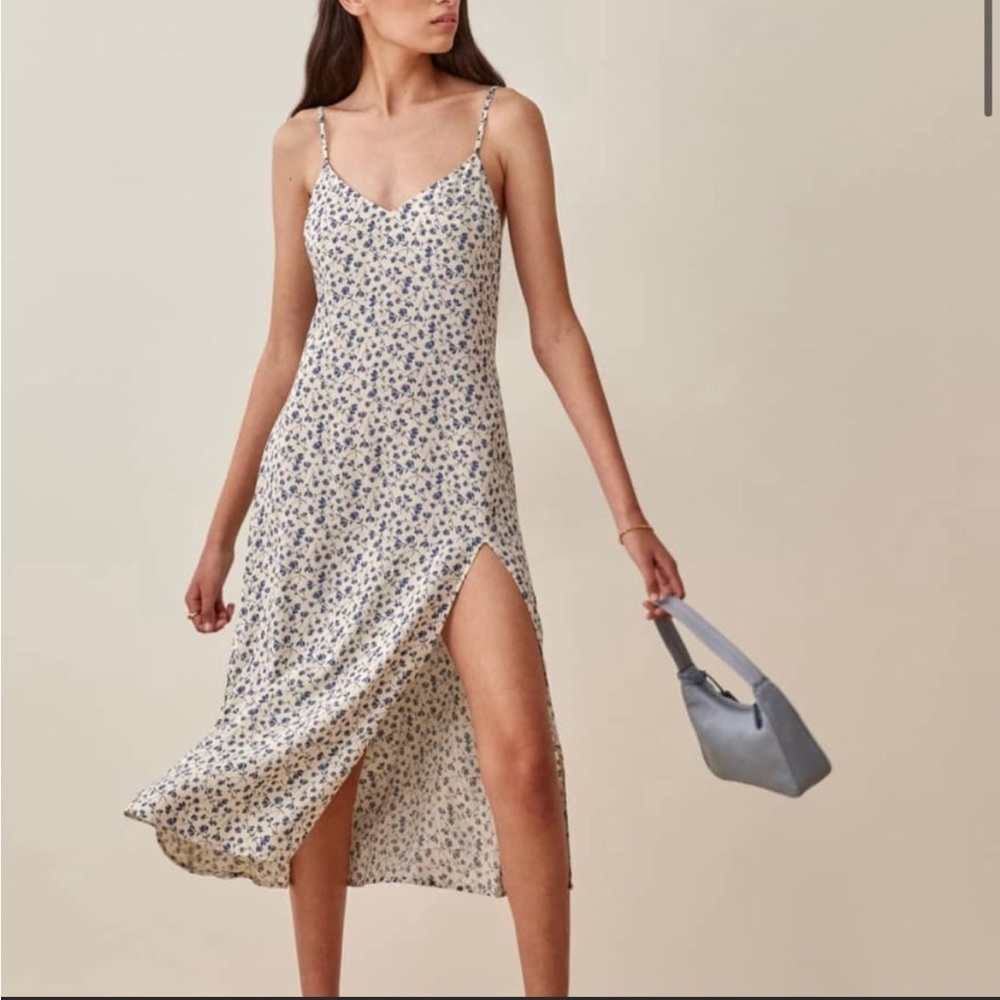 Reformation 100% Silk Blue Floral Midi Slip Dress, Size Medium